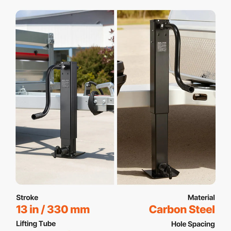 VEVOR smagas slodzes piekabes domkrats 5443 kg, sānu roktura kvadrātveida tiešai piekausēšanai paredzēts domkrats ar kloķa rokturi, regulējama nolaižama kāja, pacelšanas gājiens 674 mm kemperu, utilitāro un jahtu piekabēm