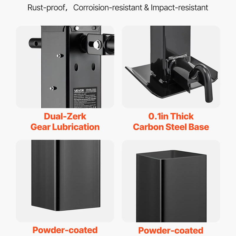 VEVOR smagas slodzes piekabes domkrats 5443 kg, sānu roktura kvadrātveida tiešai piekausēšanai paredzēts domkrats ar kloķa rokturi, regulējama nolaižama kāja, pacelšanas gājiens 674 mm kemperu, utilitāro un jahtu piekabēm