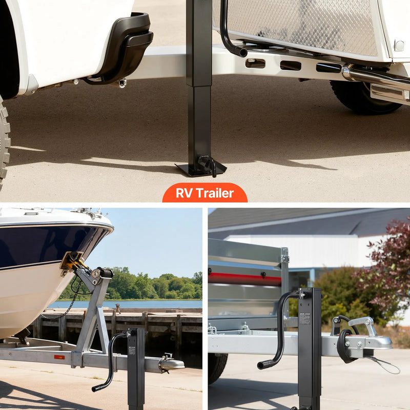 VEVOR smagas slodzes piekabes domkrats 5443 kg, sānu roktura kvadrātveida tiešai piekausēšanai paredzēts domkrats ar kloķa rokturi, regulējama nolaižama kāja, pacelšanas gājiens 674 mm kemperu, utilitāro un jahtu piekabēm