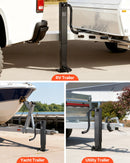 VEVOR smagas slodzes piekabes domkrats 5443 kg, sānu roktura kvadrātveida tiešai piekausēšanai paredzēts domkrats ar kloķa rokturi, regulējama nolaižama kāja, pacelšanas gājiens 674 mm kemperu, utilitāro un jahtu piekabēm