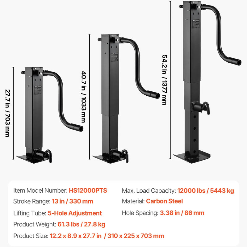 VEVOR smagas slodzes piekabes domkrats 5443 kg, sānu roktura kvadrātveida tiešai piekausēšanai paredzēts domkrats ar kloķa rokturi, regulējama nolaižama kāja, pacelšanas gājiens 674 mm kemperu, utilitāro un jahtu piekabēm