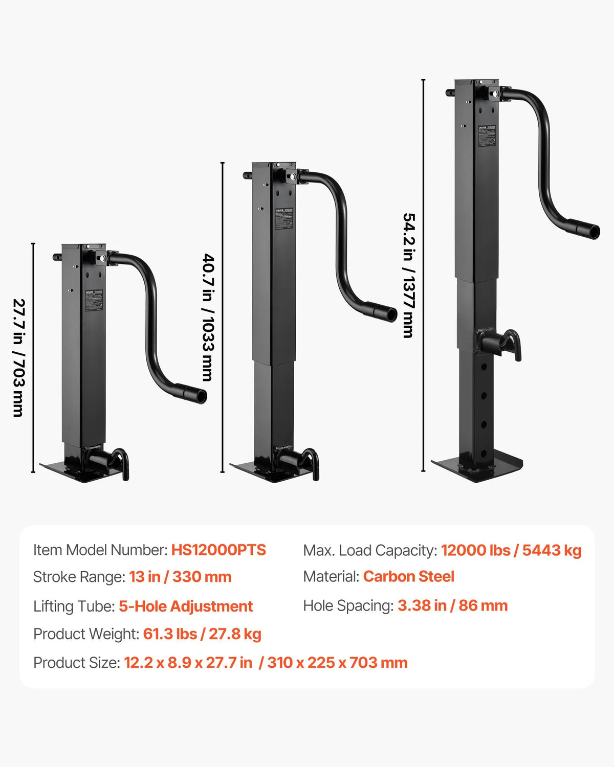 VEVOR Heavy-Duty Trailer Jack 5443 kg, Side Handle Square Direct Hitch Jack with Crank Handle, Adjustable Drop Leg, 674 mm Lift Stroke for Caravans, Utility and Boat Trailers