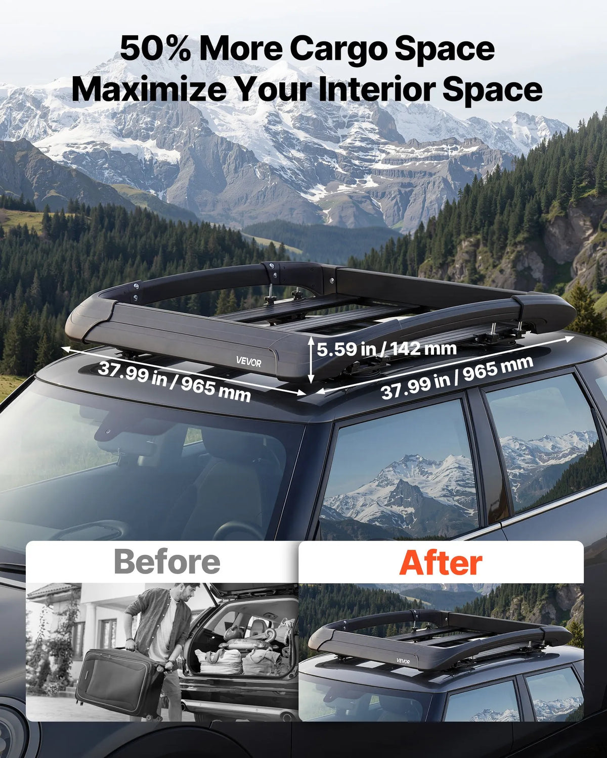 VEVOR Roof Cargo Basket, 965 × 965 × 142 mm, Universal Heavy-Duty Roof Cargo Basket, Load Capacity up to 68 kg, All-Weather Car Roof Rack Carrier, Fits Cross Bars up to 90 × 50 mm, for SUVs and Pickup Trucks