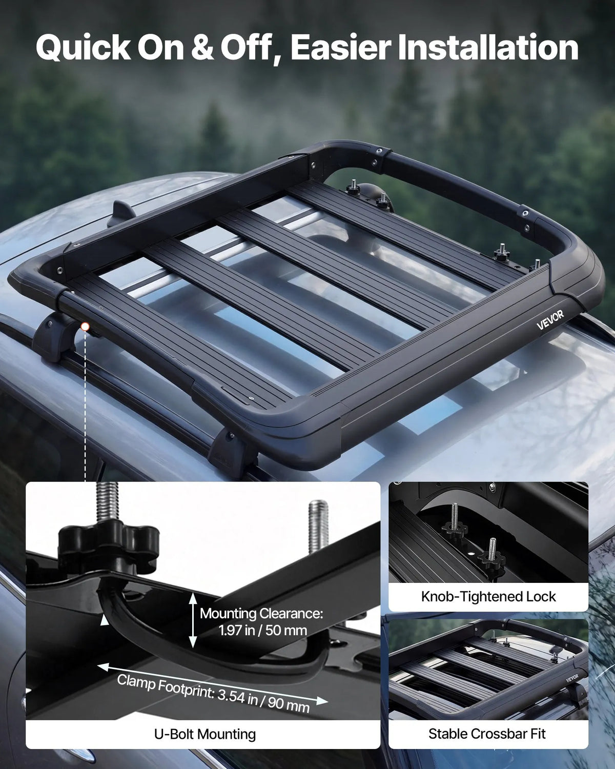 VEVOR Roof Cargo Basket, 965 × 965 × 142 mm, Universal Heavy-Duty Roof Cargo Basket, Load Capacity up to 68 kg, All-Weather Car Roof Rack Carrier, Fits Cross Bars up to 90 × 50 mm, for SUVs and Pickup Trucks