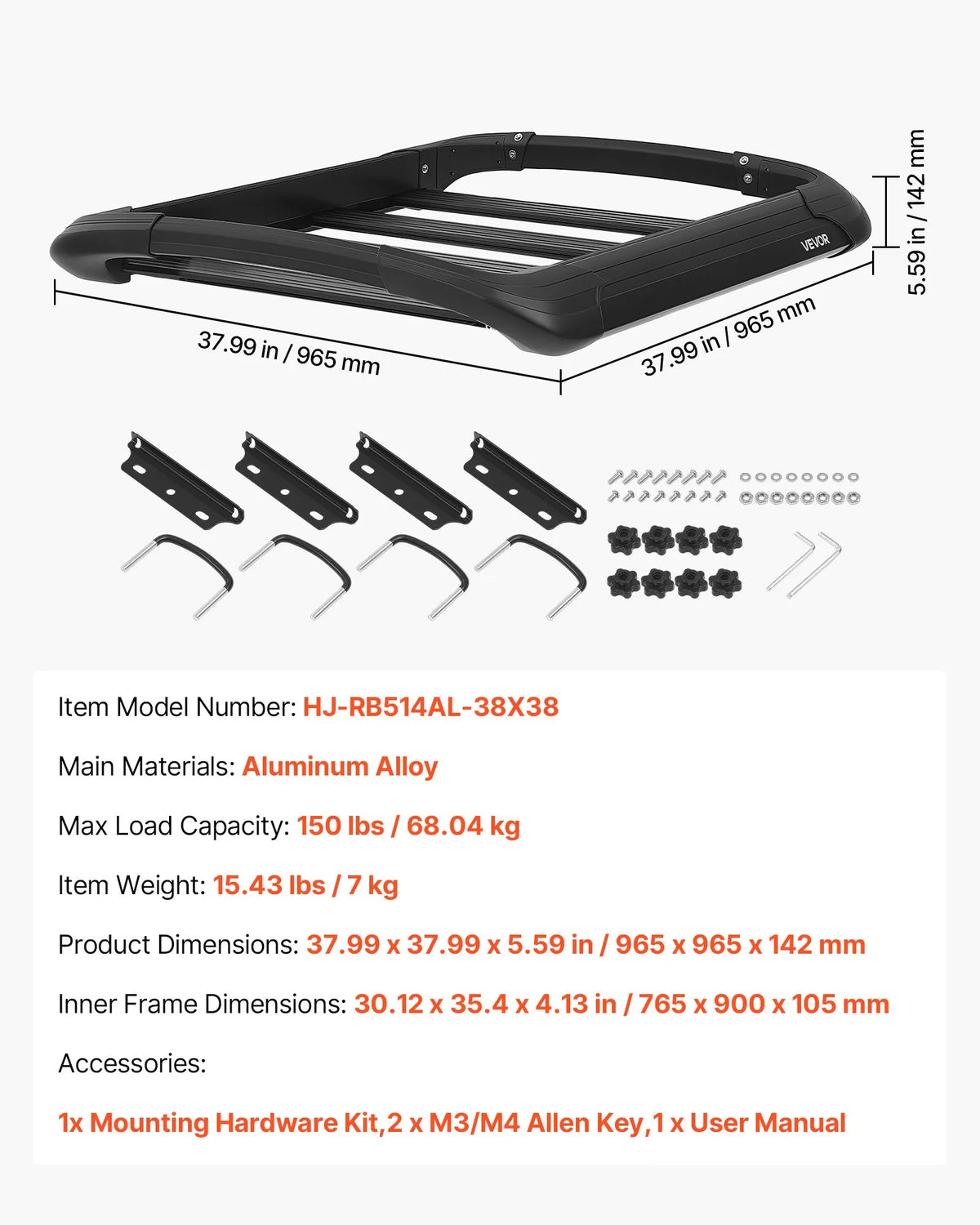 VEVOR Roof Cargo Basket, 965 × 965 × 142 mm, Universal Heavy-Duty Roof Cargo Basket, Load Capacity up to 68 kg, All-Weather Car Roof Rack Carrier, Fits Cross Bars up to 90 × 50 mm, for SUVs and Pickup Trucks