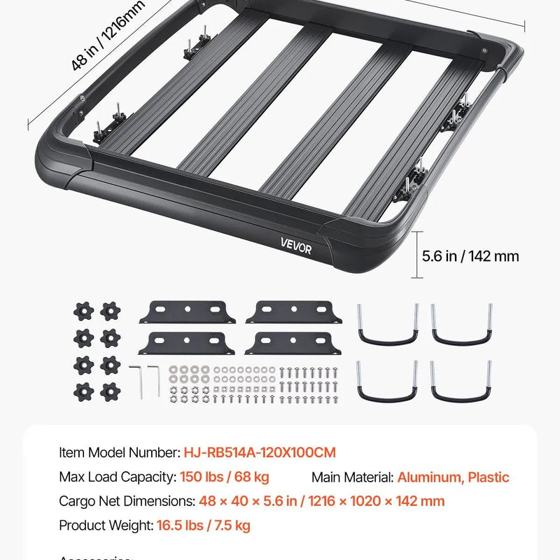 VEVOR jumta bagāžnieka grozs 1219 × 1016 × 142 mm, universāls auto jumta bagāžas turētājs no pretrūsas leģētā tērauda ar vēja deflektoru un 104 mm augstām malām, slodze līdz 68 kg, piemērots SUV un vieglajām automašīnām - ZEMLETES.LV