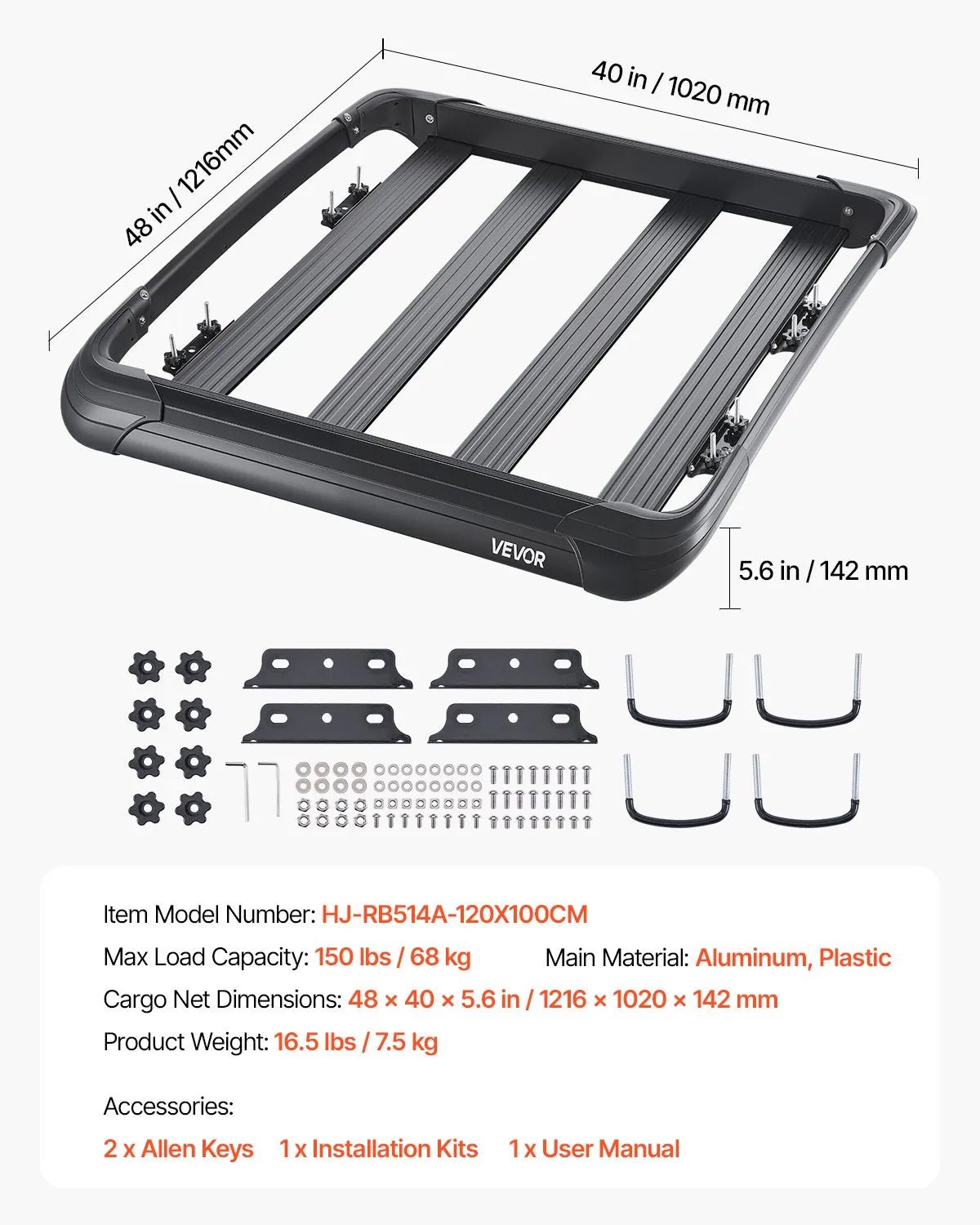VEVOR jumta bagāžnieka grozs 1219 × 1016 × 142 mm, universāls auto jumta bagāžas turētājs no pretrūsas leģētā tērauda ar vēja deflektoru un 104 mm augstām malām, slodze līdz 68 kg, piemērots SUV un vieglajām automašīnām - ZEMLETES.LV