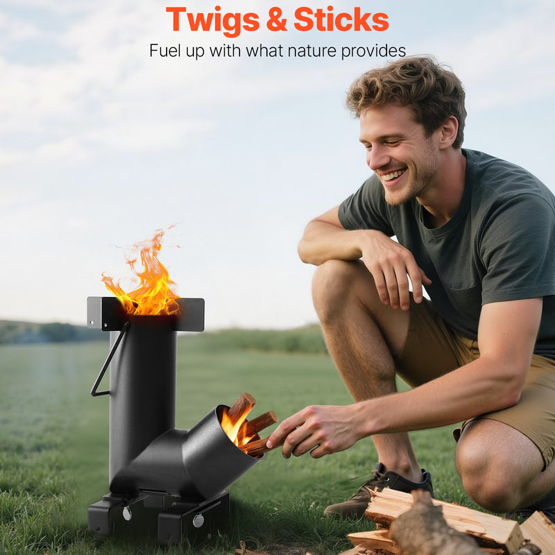 VEVOR kempinga raķešu krāsns, pārnēsājama malkas krāsns ar pārnēsāšanas somu, izgatavota no oglekļa tērauda, piemērota malkas, zariņu un skaliņu dedzināšanai, ideāla āra gatavošanai, kempingam un sildīšanai, melna krāsa