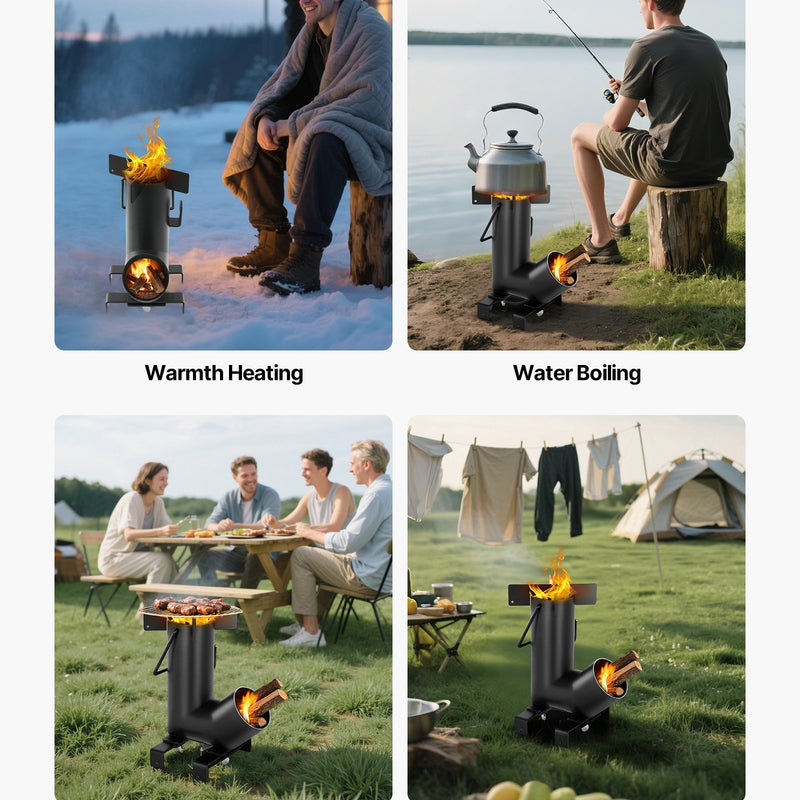 VEVOR kempinga raķešu krāsns, pārnēsājama malkas krāsns ar pārnēsāšanas somu, izgatavota no oglekļa tērauda, piemērota malkas, zariņu un skaliņu dedzināšanai, ideāla āra gatavošanai, kempingam un sildīšanai, melna krāsa