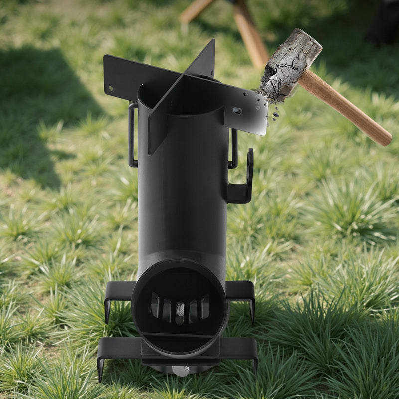 VEVOR kempinga raķešu krāsns, pārnēsājama malkas krāsns ar pārnēsāšanas somu, izgatavota no oglekļa tērauda, piemērota malkas, zariņu un skaliņu dedzināšanai, ideāla āra gatavošanai, kempingam un sildīšanai, melna krāsa