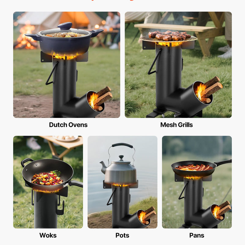 VEVOR kempinga raķešu krāsns, pārnēsājama malkas krāsns ar pārnēsāšanas somu, izgatavota no oglekļa tērauda, piemērota malkas, zariņu un skaliņu dedzināšanai, ideāla āra gatavošanai, kempingam un sildīšanai, melna krāsa