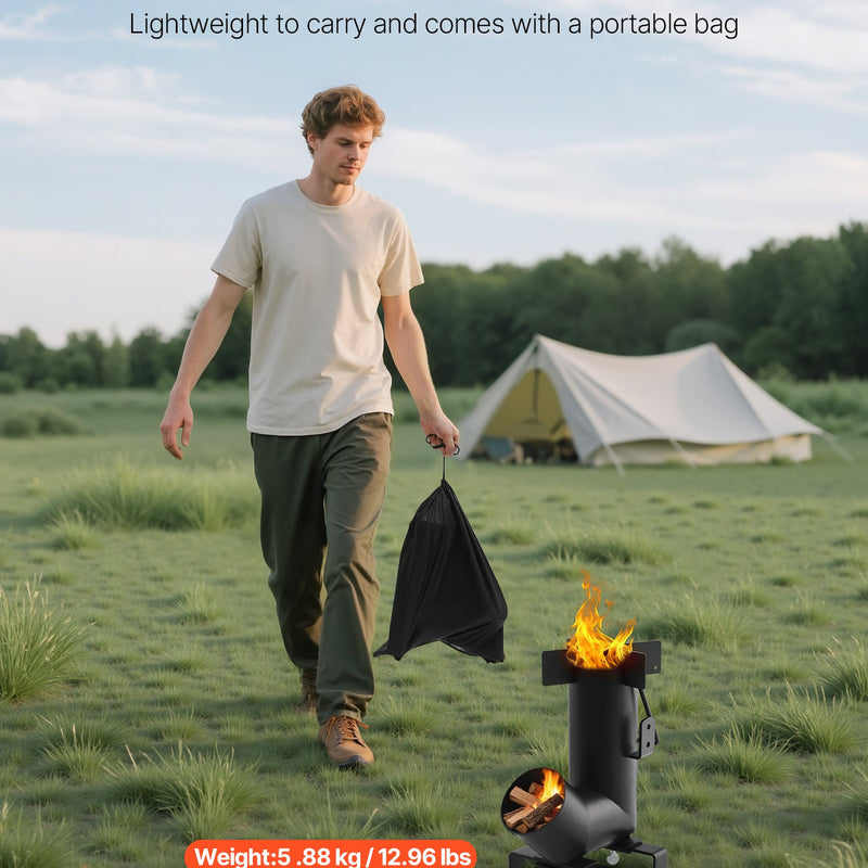 VEVOR kempinga raķešu krāsns, pārnēsājama malkas krāsns ar pārnēsāšanas somu, izgatavota no oglekļa tērauda, piemērota malkas, zariņu un skaliņu dedzināšanai, ideāla āra gatavošanai, kempingam un sildīšanai, melna krāsa