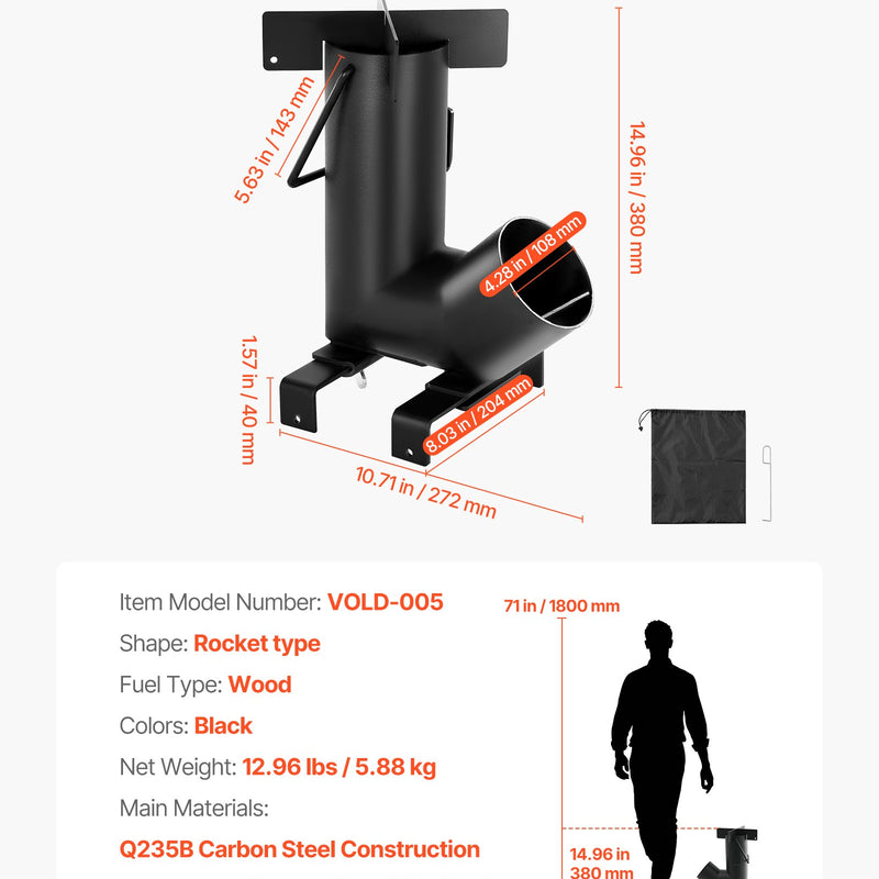 VEVOR kempinga raķešu krāsns, pārnēsājama malkas krāsns ar pārnēsāšanas somu, izgatavota no oglekļa tērauda, piemērota malkas, zariņu un skaliņu dedzināšanai, ideāla āra gatavošanai, kempingam un sildīšanai, melna krāsa
