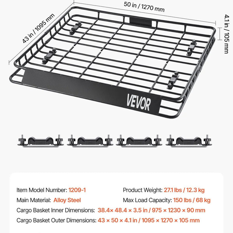 VEVOR jumta bagāžnieka grozs 1092 × 1270 × 104 mm, universāls auto jumta bagāžas turētājs no pretrūsas leģētā tērauda ar vēja deflektoru un 104 mm augstām malām, slodze līdz 68 kg, piemērots SUV un vieglajām automašīnām - ZEMLETES.LV