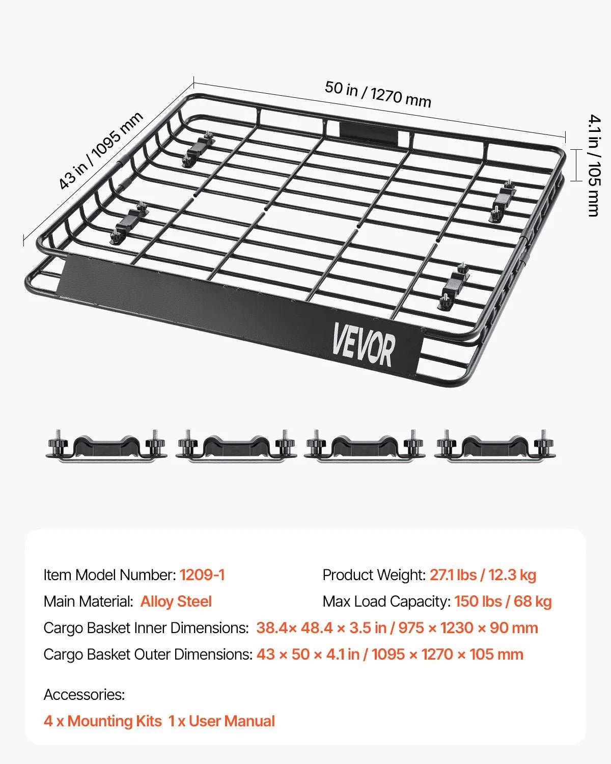 VEVOR jumta bagāžnieka grozs 1092 × 1270 × 104 mm, universāls auto jumta bagāžas turētājs no pretrūsas leģētā tērauda ar vēja deflektoru un 104 mm augstām malām, slodze līdz 68 kg, piemērots SUV un vieglajām automašīnām - ZEMLETES.LV