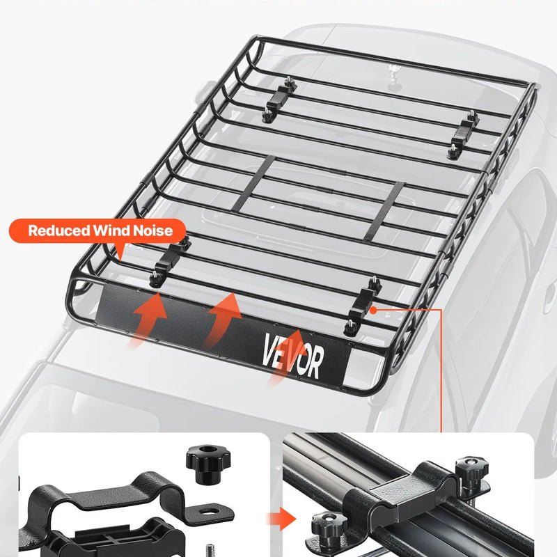 VEVOR jumta bagāžnieka grozs 1295 × 914 × 104 mm ar 1120 × 870 × 260 mm kravas somu, universāls auto jumta bagāžas turētājs ar tīklu un spriegošanas siksnām, slodze līdz 90,7 kg, piemērots SUV, kravas un vieglajām automašīnām