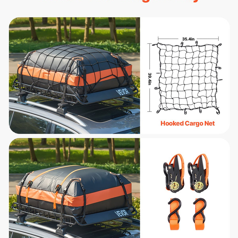 VEVOR jumta bagāžnieka grozs 1295 × 914 × 104 mm ar 1120 × 870 × 260 mm kravas somu, universāls auto jumta bagāžas turētājs ar tīklu un spriegošanas siksnām, slodze līdz 90,7 kg, piemērots SUV, kravas un vieglajām automašīnām
