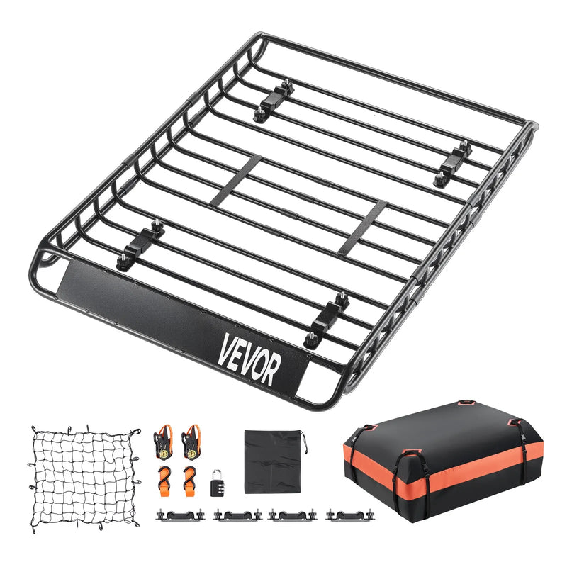 VEVOR jumta bagāžnieka grozs 1295 × 914 × 104 mm ar 1120 × 870 × 260 mm kravas somu, universāls auto jumta bagāžas turētājs ar tīklu un spriegošanas siksnām, slodze līdz 90,7 kg, piemērots SUV, kravas un vieglajām automašīnām