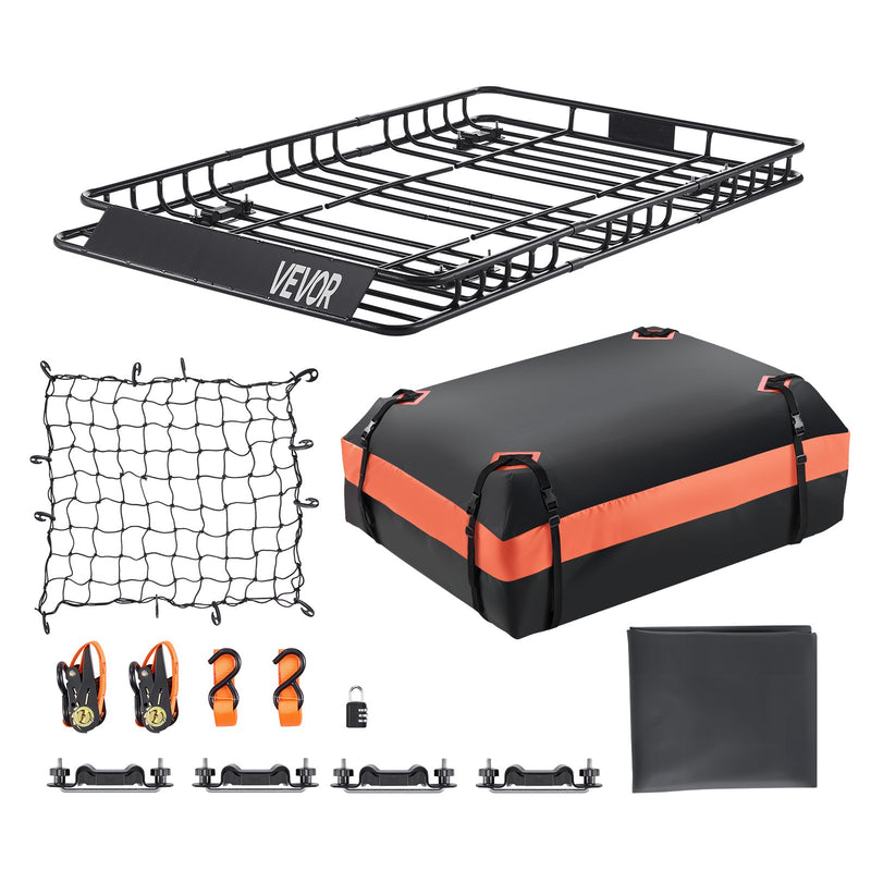 VEVOR jumta bagāžnieka grozs 1626 × 991 × 104 mm ar 1120 × 870 × 260 mm kravas somu, universāls auto jumta bagāžas turētājs ar tīklu un spriegošanas siksnām, slodze līdz 113,4 kg, piemērots SUV, kravas un vieglajām automašīnām - ZEMLETES.LV