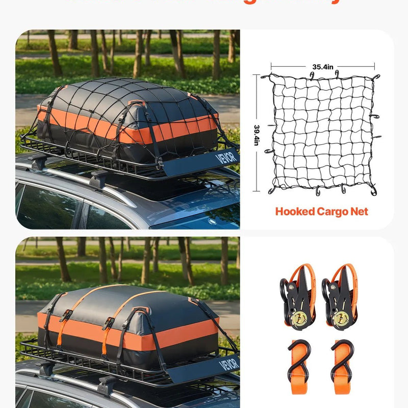VEVOR jumta bagāžnieka grozs 1626 × 991 × 104 mm ar 1120 × 870 × 260 mm kravas somu, universāls auto jumta bagāžas turētājs ar tīklu un spriegošanas siksnām, slodze līdz 113,4 kg, piemērots SUV, kravas un vieglajām automašīnām - ZEMLETES.LV