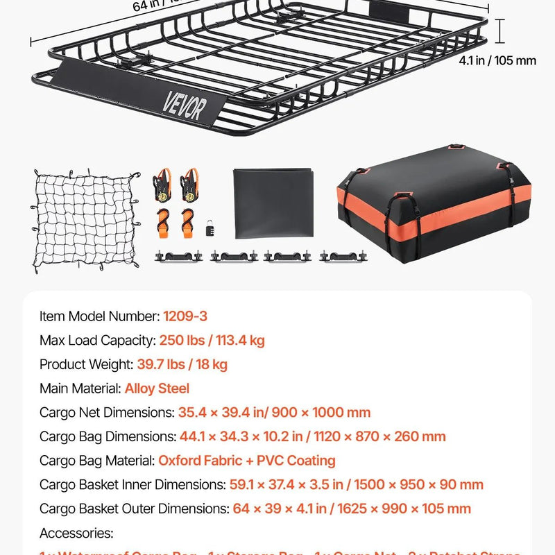 VEVOR jumta bagāžnieka grozs 1626 × 991 × 104 mm ar 1120 × 870 × 260 mm kravas somu, universāls auto jumta bagāžas turētājs ar tīklu un spriegošanas siksnām, slodze līdz 113,4 kg, piemērots SUV, kravas un vieglajām automašīnām - ZEMLETES.LV
