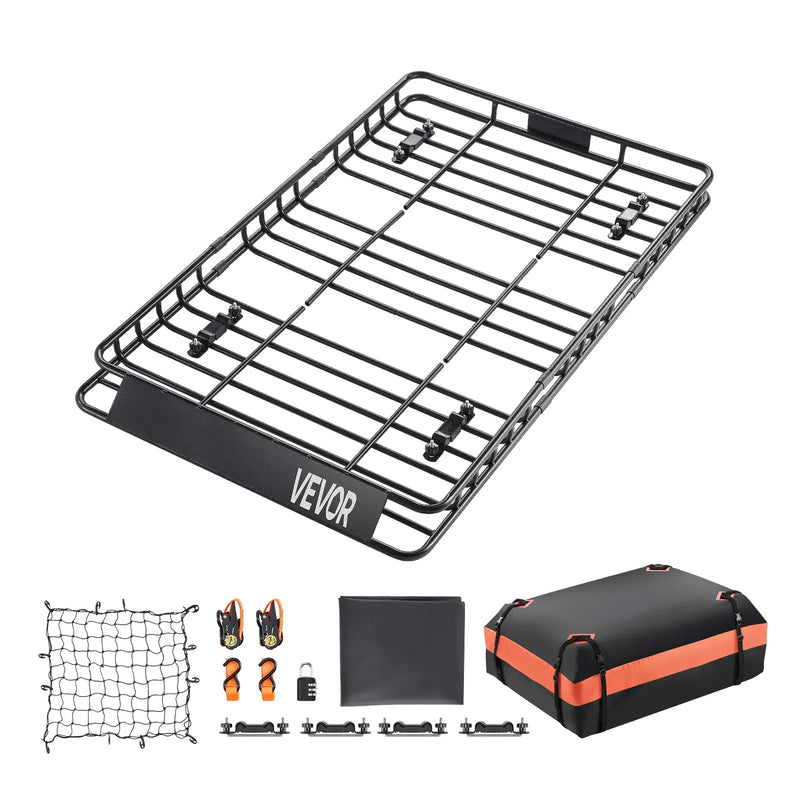 VEVOR jumta bagāžnieka grozs 1626 × 991 × 104 mm ar 1120 × 870 × 260 mm kravas somu, universāls auto jumta bagāžas turētājs ar tīklu un spriegošanas siksnām, slodze līdz 113,4 kg, piemērots SUV, kravas un vieglajām automašīnām - ZEMLETES.LV