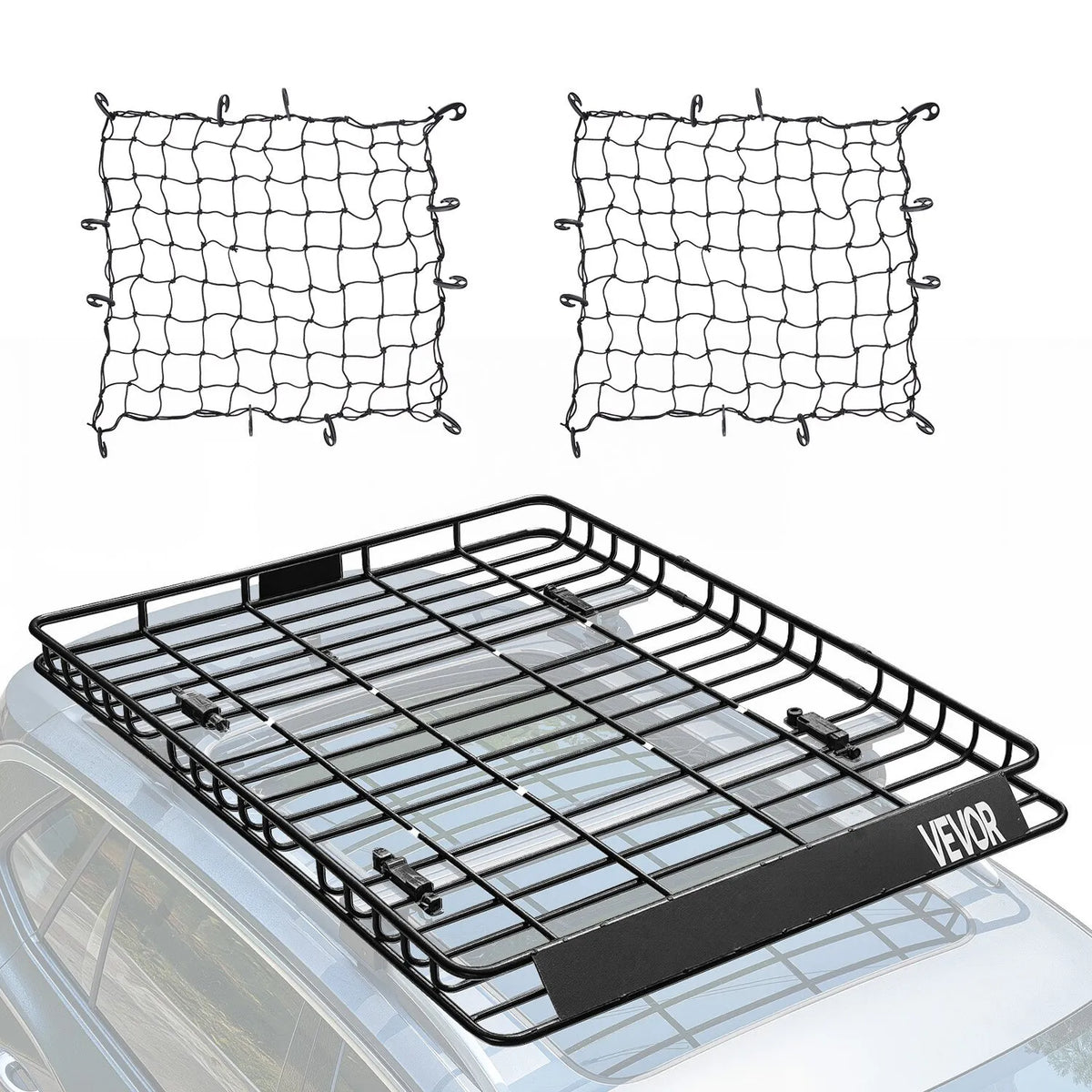VEVOR jumta bagāžnieka grozs 1626 × 1270 × 104 mm ar diviem 900 × 1000 mm kravas tīkliem, universāls auto jumta bagāžas turētājs no pretrūsas leģētā tērauda ar 104 mm augstām malām, slodze līdz 68 kg, piemērots SUV, kravas un vieglajām automašīnām - ZEMLETES.LV