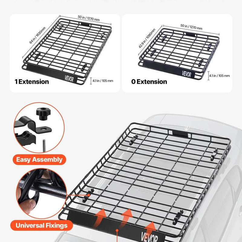 VEVOR jumta bagāžnieka grozs 1626 × 1270 × 104 mm ar diviem 900 × 1000 mm kravas tīkliem, universāls auto jumta bagāžas turētājs no pretrūsas leģētā tērauda ar 104 mm augstām malām, slodze līdz 68 kg, piemērots SUV, kravas un vieglajām automašīnām - ZEMLETES.LV