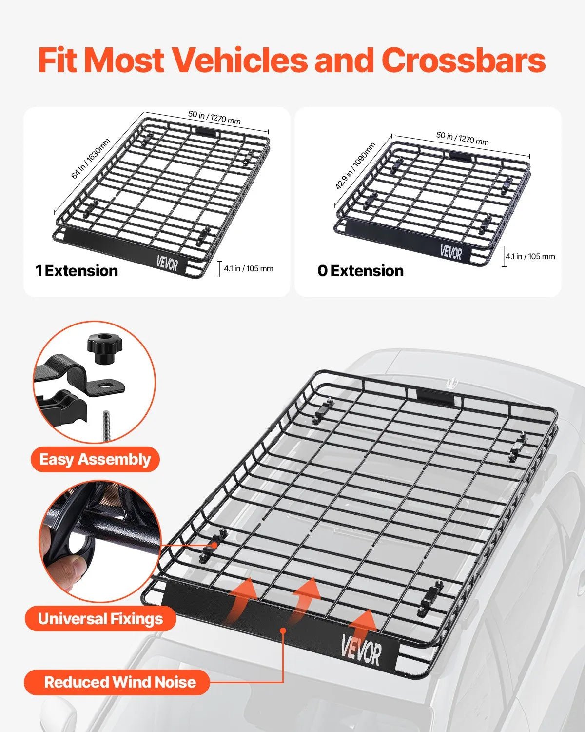 VEVOR jumta bagāžnieka grozs 1626 × 1270 × 104 mm ar diviem 900 × 1000 mm kravas tīkliem, universāls auto jumta bagāžas turētājs no pretrūsas leģētā tērauda ar 104 mm augstām malām, slodze līdz 68 kg, piemērots SUV, kravas un vieglajām automašīnām - ZEMLETES.LV