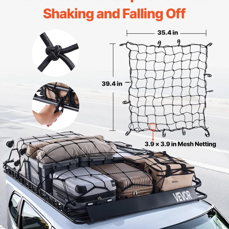 VEVOR jumta bagāžnieka grozs 1626 × 1270 × 104 mm ar diviem 900 × 1000 mm kravas tīkliem, universāls auto jumta bagāžas turētājs no pretrūsas leģētā tērauda ar 104 mm augstām malām, slodze līdz 68 kg, piemērots SUV, kravas un vieglajām automašīnām - ZEMLETES.LV