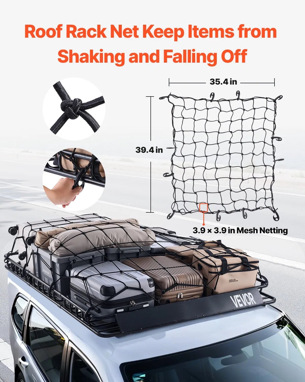 VEVOR jumta bagāžnieka grozs 1626 × 1270 × 104 mm ar diviem 900 × 1000 mm kravas tīkliem, universāls auto jumta bagāžas turētājs no pretrūsas leģētā tērauda ar 104 mm augstām malām, slodze līdz 68 kg, piemērots SUV, kravas un vieglajām automašīnām - ZEMLETES.LV