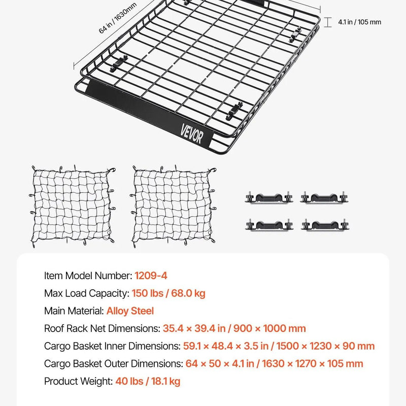 VEVOR jumta bagāžnieka grozs 1626 × 1270 × 104 mm ar diviem 900 × 1000 mm kravas tīkliem, universāls auto jumta bagāžas turētājs no pretrūsas leģētā tērauda ar 104 mm augstām malām, slodze līdz 68 kg, piemērots SUV, kravas un vieglajām automašīnām - ZEMLETES.LV