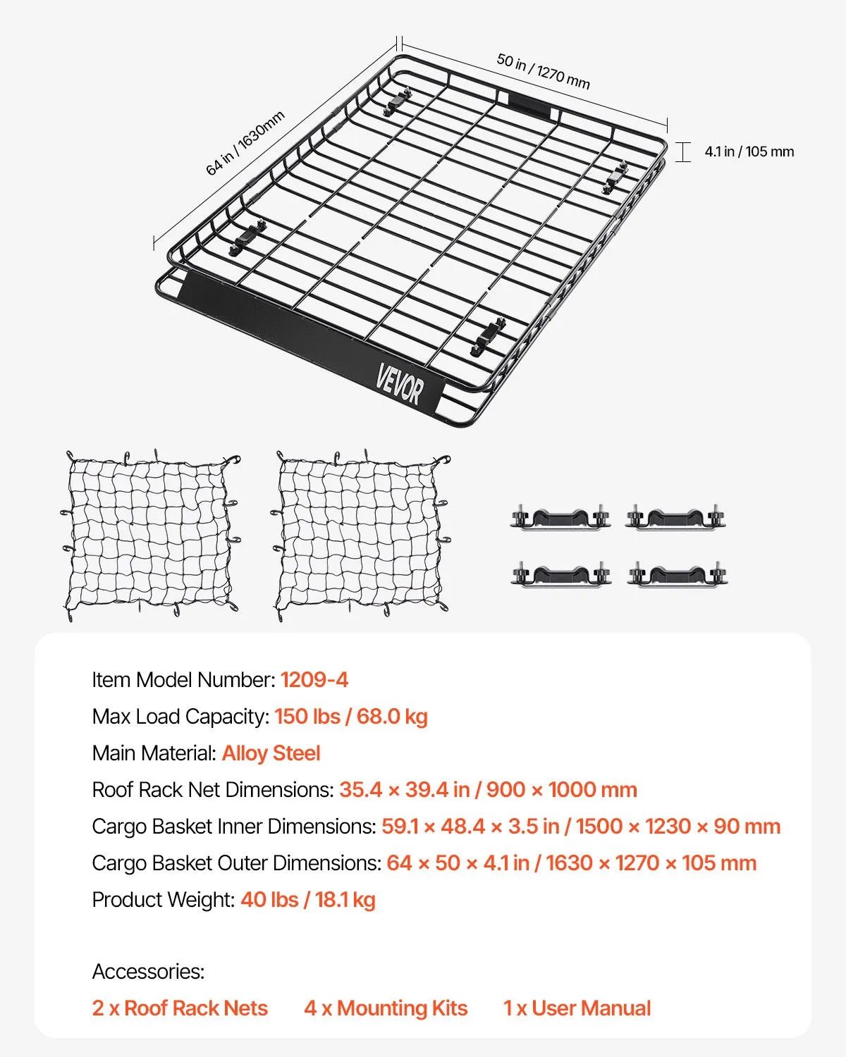 VEVOR jumta bagāžnieka grozs 1626 × 1270 × 104 mm ar diviem 900 × 1000 mm kravas tīkliem, universāls auto jumta bagāžas turētājs no pretrūsas leģētā tērauda ar 104 mm augstām malām, slodze līdz 68 kg, piemērots SUV, kravas un vieglajām automašīnām - ZEMLETES.LV