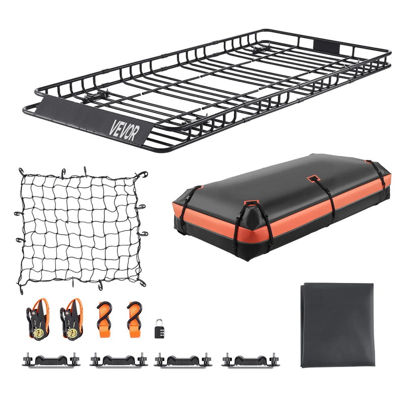VEVOR jumta bagāžnieka grozs 2134 × 991 × 104 mm ar kravas somu, tīklu un spriegošanas siksnām, universāls auto jumta bagāžas turētājs, slodze līdz 113,4 kg, piemērots SUV, kravas un vieglajām automašīnām - ZEMLETES.LV