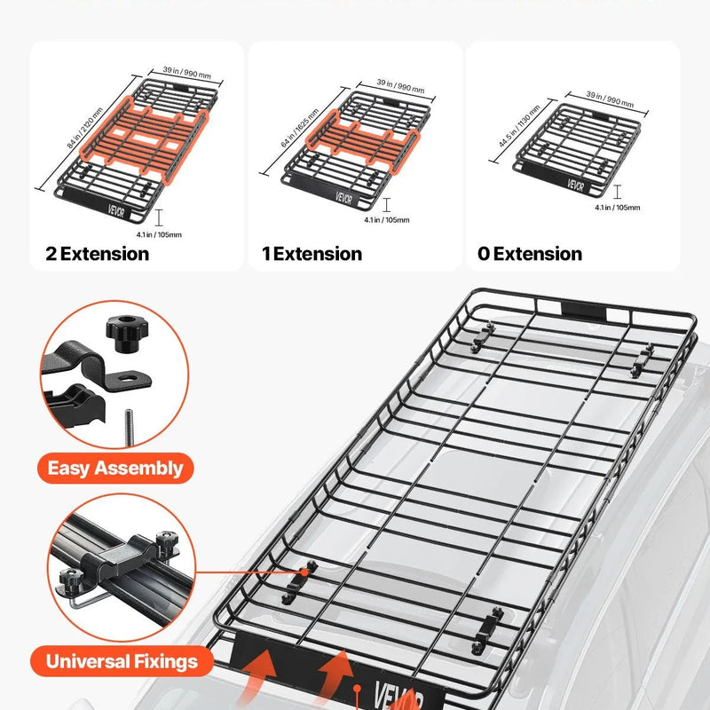 VEVOR jumta bagāžnieka grozs 2134 × 991 × 104 mm ar kravas somu, tīklu un spriegošanas siksnām, universāls auto jumta bagāžas turētājs, slodze līdz 113,4 kg, piemērots SUV, kravas un vieglajām automašīnām - ZEMLETES.LV