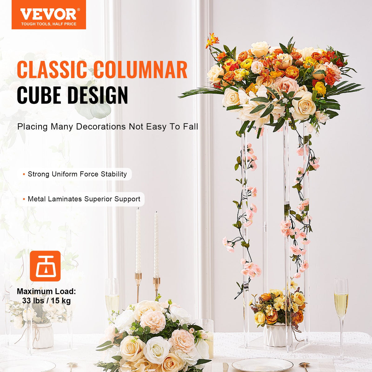 VEVOR 10 pcs Wedding Flower Stands 60 cm with Acrylic Finish, Geometric Stands, Flower Display
