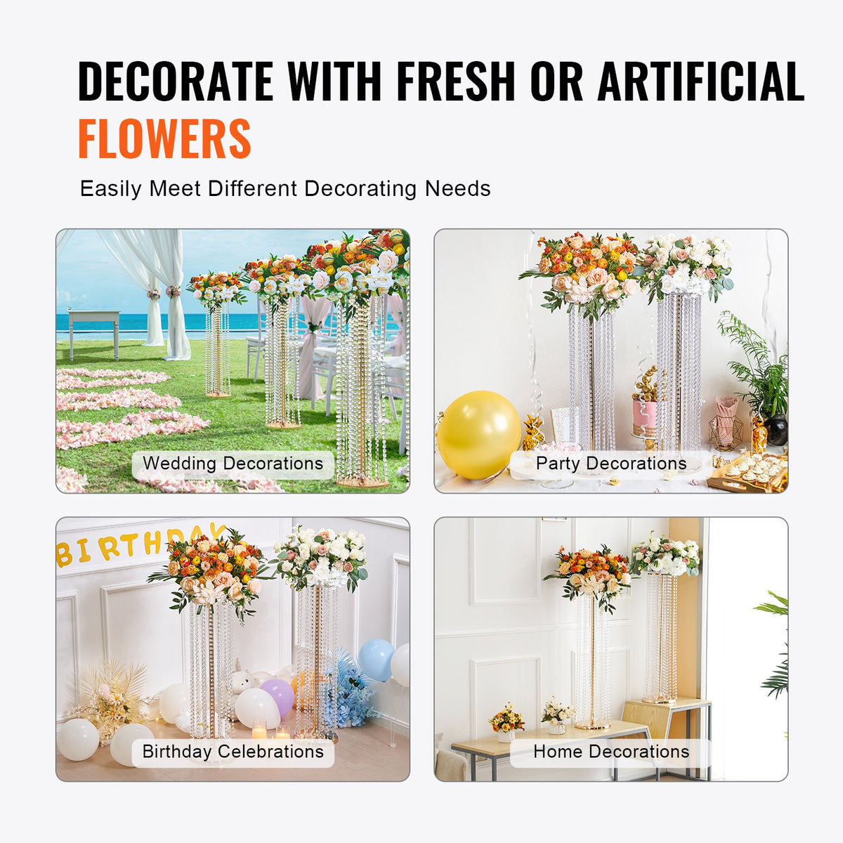 VEVOR 4 Pieces 90 cm Tall Crystal Flower Stands, Gold Metal Vases, Ideal for Weddings and Parties