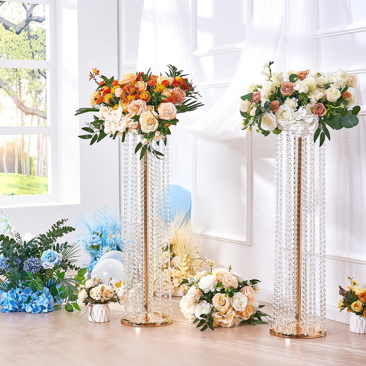 VEVOR 4 Pieces 90 cm Tall Crystal Flower Stands, Gold Metal Vases, Ideal for Weddings and Parties