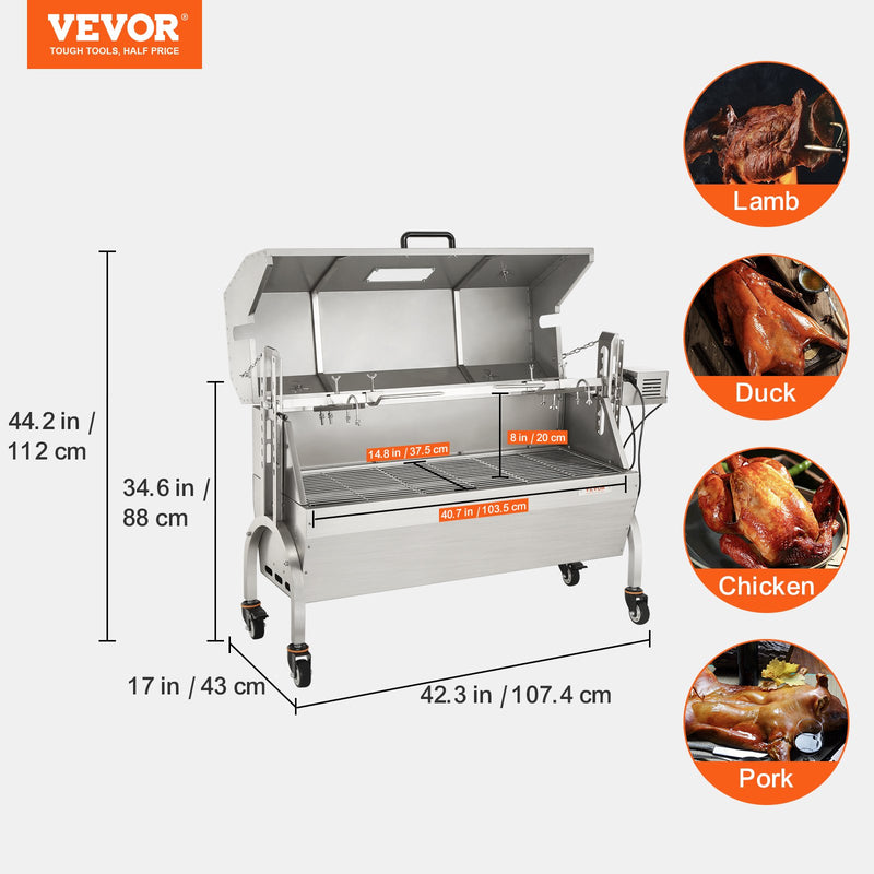 VEVOR grils ar rotējošu stieni – elektriskais BBQ cepešgrils cūkai, jēram, vistai ar 50W motoru, maksimālā slodze 60 kg