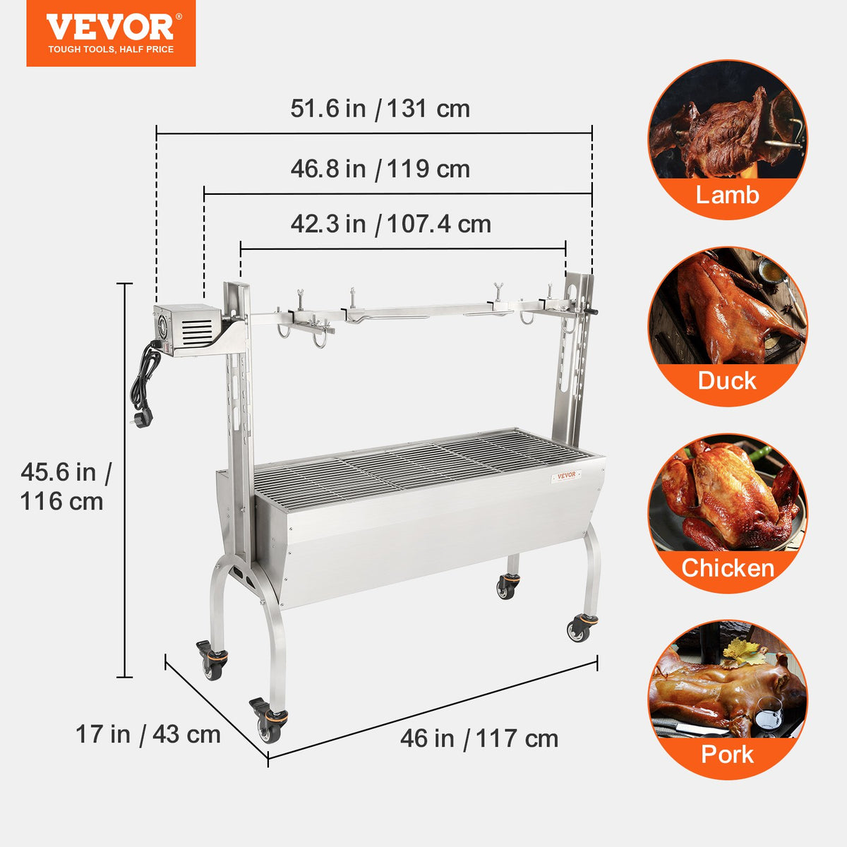 VEVOR rotējošais BBQ grils - 50W elektriskais cepšanas grils veselai cūkai, jēram un vistai, MAX slodze 41 kg