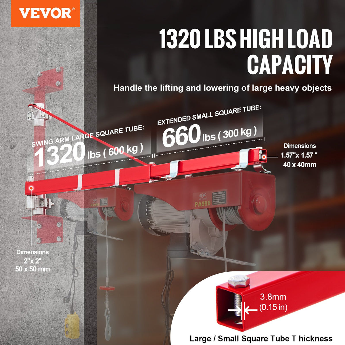 VEVOR elektriskā pacēlāja atbalsta roka, 600 kg, 180° rotējoša, tērauda rāmis