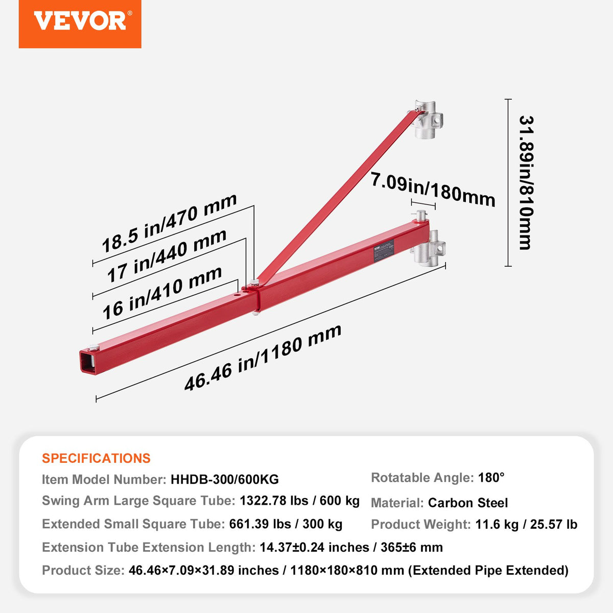 VEVOR elektriskā pacēlāja atbalsta roka, 600 kg, 180° rotējoša, tērauda rāmis