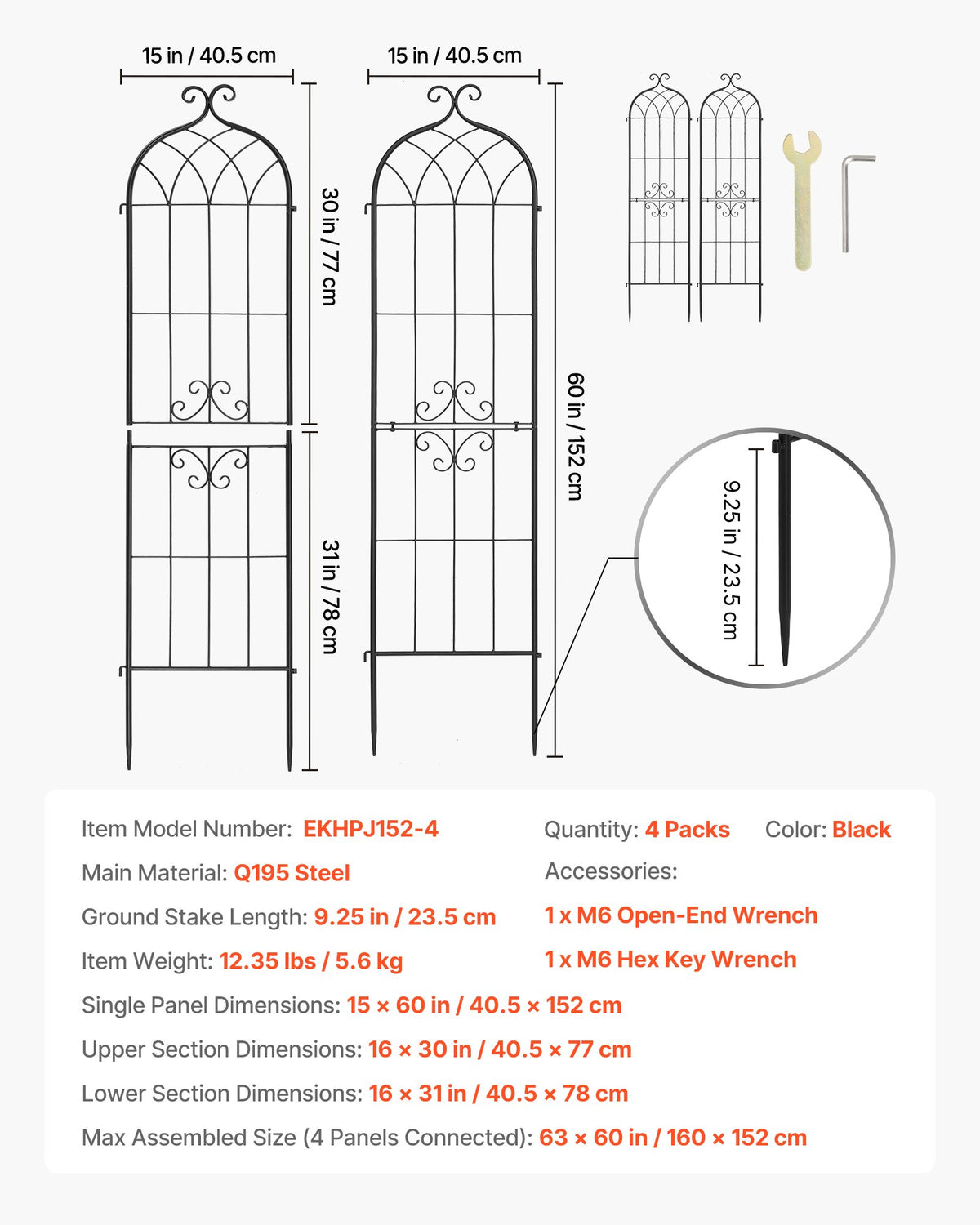 VEVOR dārza režģis augiem 152 × 40,5 cm, 4 gab., pulverkrāsots metāla režģis ar ērtu savienošanas konstrukciju, augu balsts ziediem, dārzeņiem un rozēm - ZEMLETES.LV