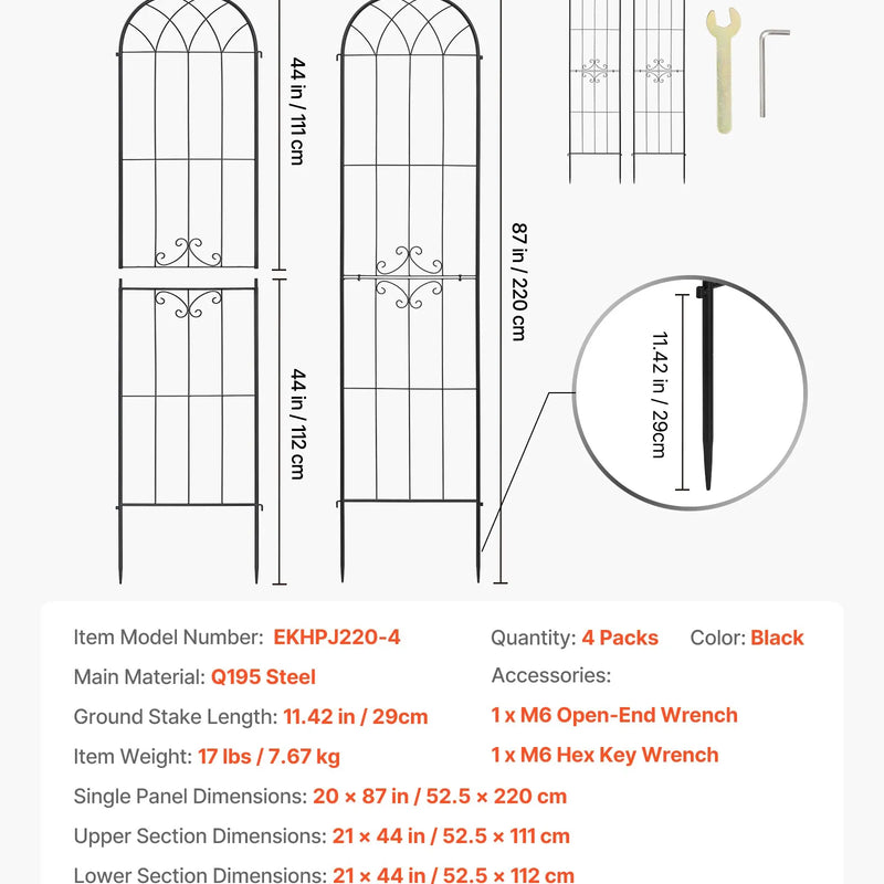 VEVOR dārza režģis augiem 220 × 52,5 cm, 4 gab., pulverkrāsots metāla režģis ar ērtu savienošanas konstrukciju, augu balsts ziediem, dārzeņiem un rozēm - ZEMLETES.LV