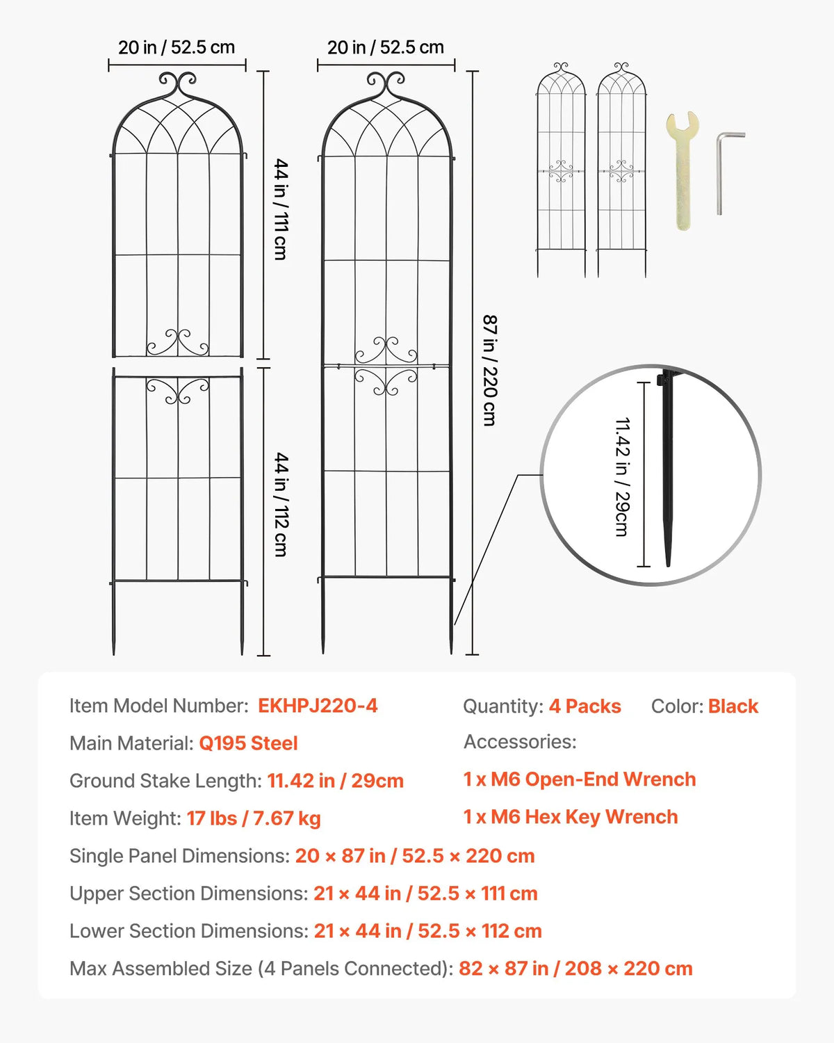 VEVOR dārza režģis augiem 220 × 52,5 cm, 4 gab., pulverkrāsots metāla režģis ar ērtu savienošanas konstrukciju, augu balsts ziediem, dārzeņiem un rozēm - ZEMLETES.LV