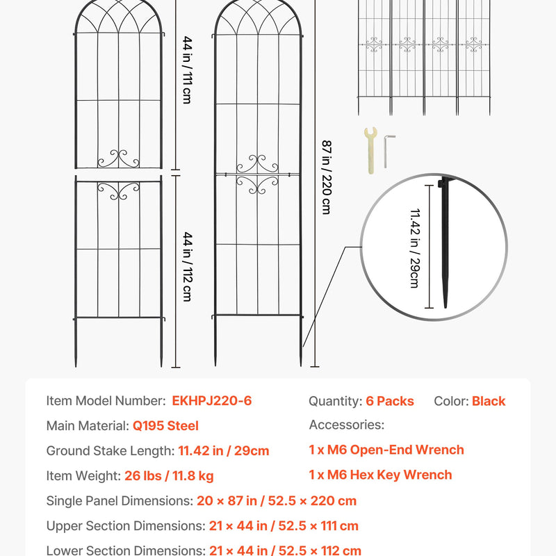 VEVOR dārza režģis augiem 6 gab., 220 x 52,5 cm rožu un ziedu balsts ar pulverkrāsotu pārklājumu un savienojamu konstrukciju, augu atbalsta režģis ziediem, dārzeņiem un rozēm - ZEMLETES.LV