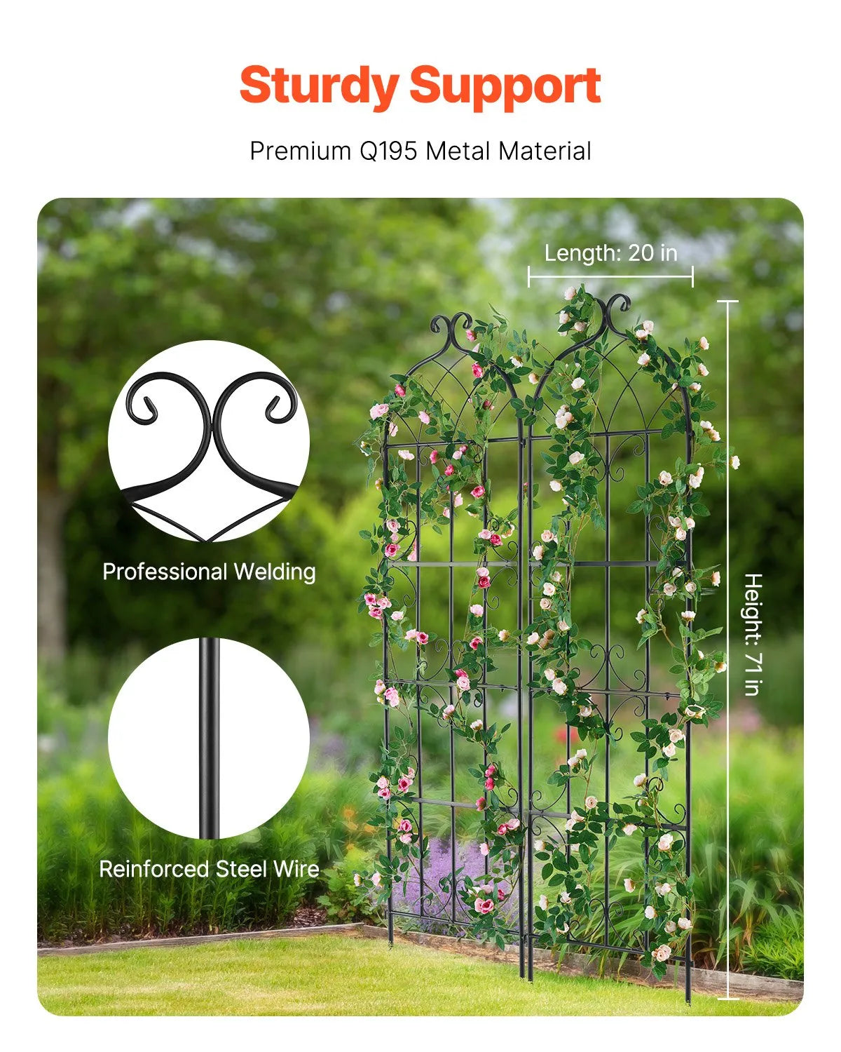 VEVOR Garden Trellis for Climbing Plants 180 × 50.8 cm, 2 pcs, Rust-Resistant Metal Garden Trellis for Roses, Clematis and Cucumbers, Decorative Plant Support for Garden, Patio and Lawn
