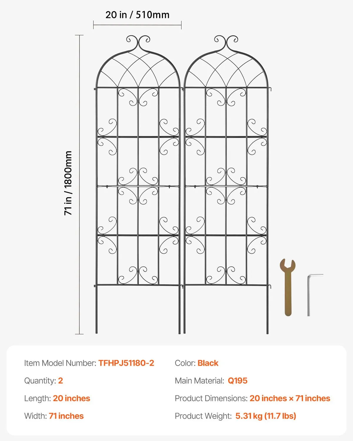 VEVOR Garden Trellis for Climbing Plants 180 × 50.8 cm, 2 pcs, Rust-Resistant Metal Garden Trellis for Roses, Clematis and Cucumbers, Decorative Plant Support for Garden, Patio and Lawn