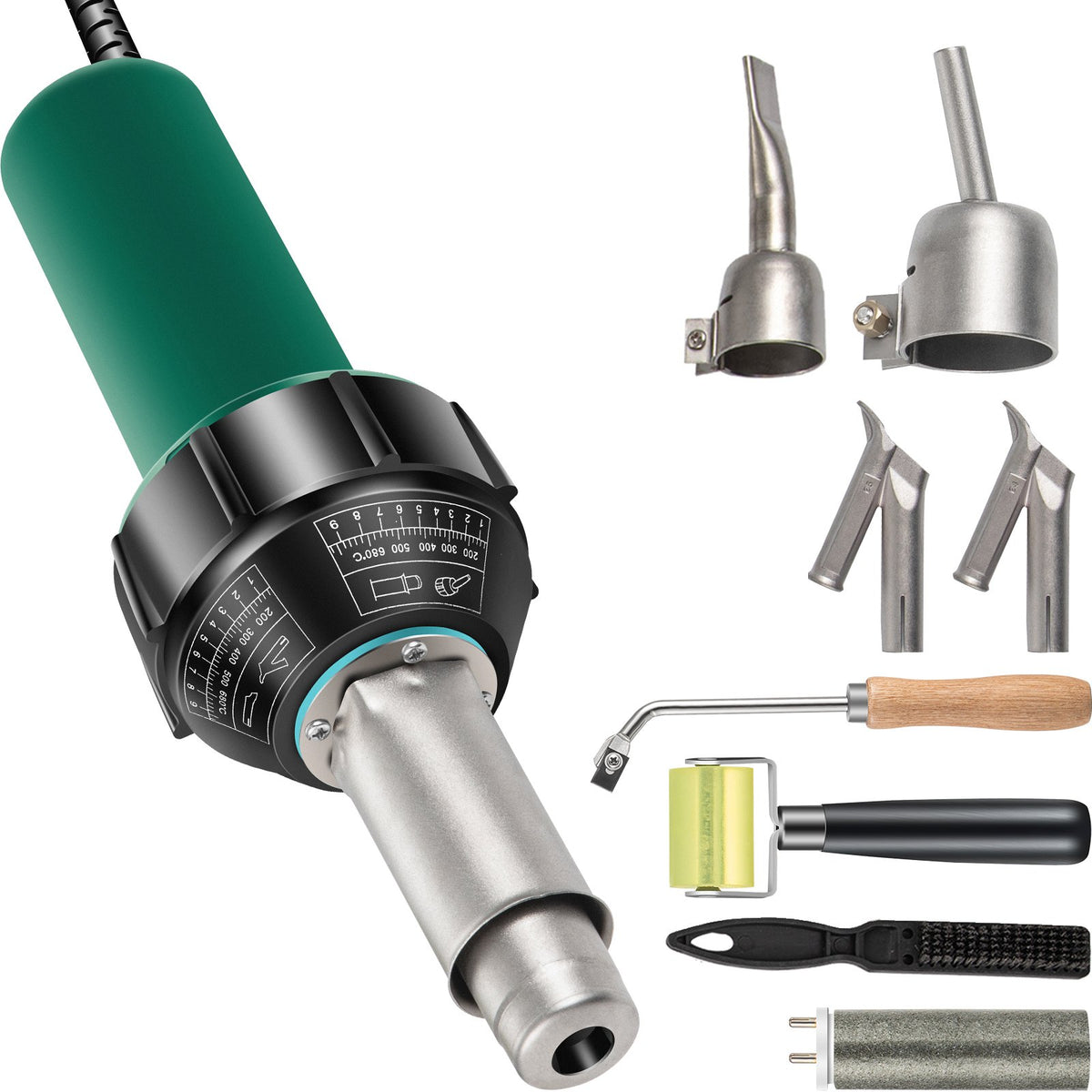 Heat gun 1600 W, 220 V, 8-piece PVC kit, hot air gun with mica heating element, temperature control 40–600 °C