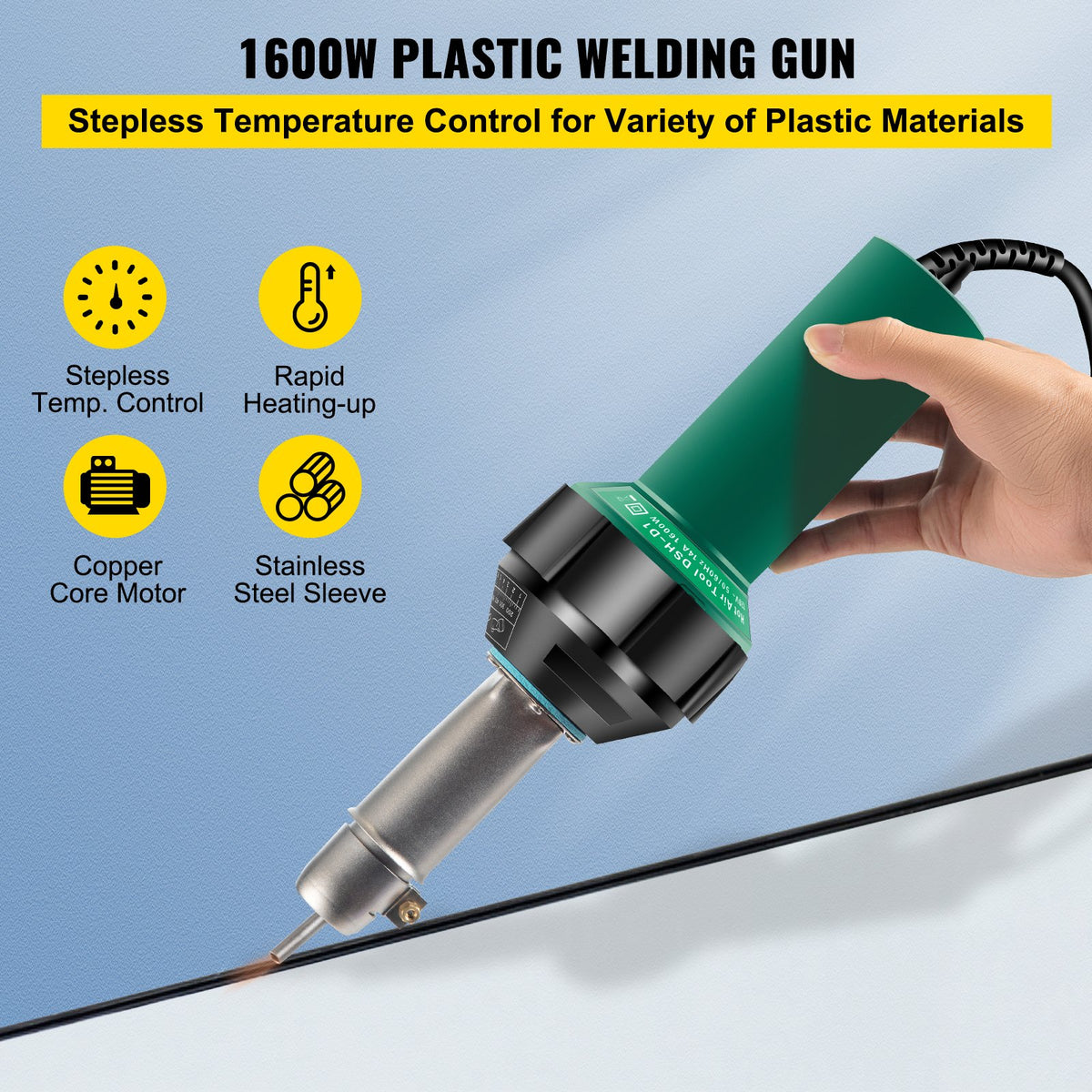 Heat gun 1600 W, 220 V, 8-piece PVC kit, hot air gun with mica heating element, temperature control 40–600 °C